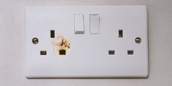 Standard UK double outlet socket with visible burn marks and signs of electrical arcing