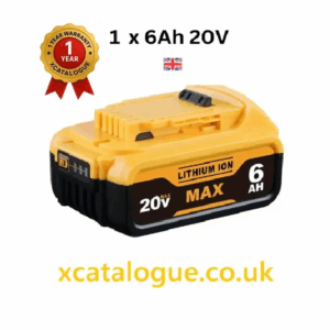 Yellow and black 20V Max 6Ah lithium-ion power tool battery pack on a plain white background with 1 year warranty badge.