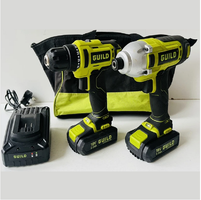 Guild combo cordless hammer drill, impact driver with charger and two batteries in a carry case.