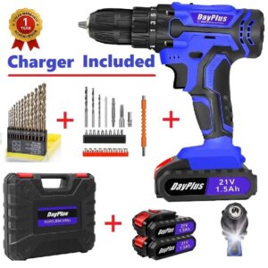 Dayplus 21V cordless drill driver with 2 lithium-ion batteries, 45Nm torque, 25+1 settings, LED worklight, compact lightweight de