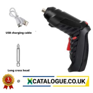 Cordless electric screwdriver with lithium battery, USB charging cable, and double-ended screwdriver bit