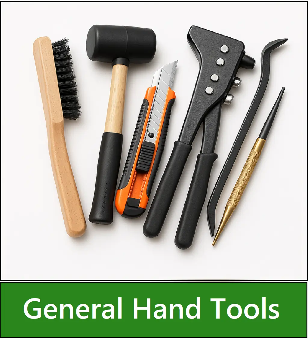Category navigation tile: General Hand Tools showing an assortment of tools including a wire brush, mallet, craft knife, rivet gun, pry bar and a centre punch for DIY & trade use