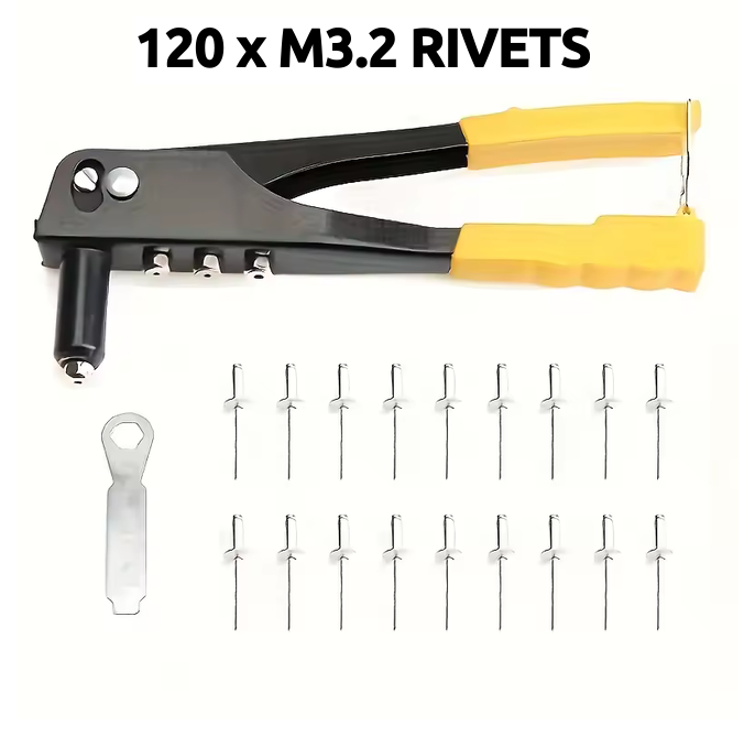 Heavy duty hand riveter set with pop rivet gun and 120 blind rivets