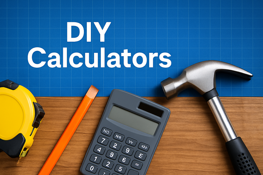 DIY Calculators hero: tape measure, carpenter’s pencil, calculator and hammer on wood with blue grid background – Xcatalogue
