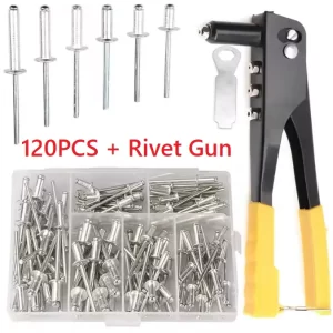 Heavy duty hand riveter set with pop rivet gun and 120 blind rivets