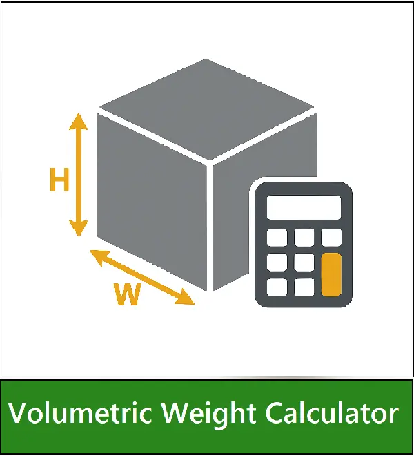 Flat vector icon of a 3-D shipping box with length and height arrows and a calculator, representing a volumetric weight calculator