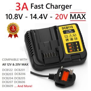 DCB112 10.4V to 20V lithium-ion battery charger with UK plug on white background
