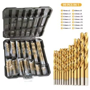99pcs titanium coated HSS drill bit set in storage case – twist bits for metal, wood and plastic drilling
