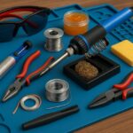 3D rendered workbench with a blue rubber soldering mat showing graph lines and screw compartments, laid out with essential soldering tools including a soldering iron in its stand, solder wire, flux, wire cutters, helping hands with clips, desoldering pump, heat shrink tubing, tip cleaner, and safety glasses.
