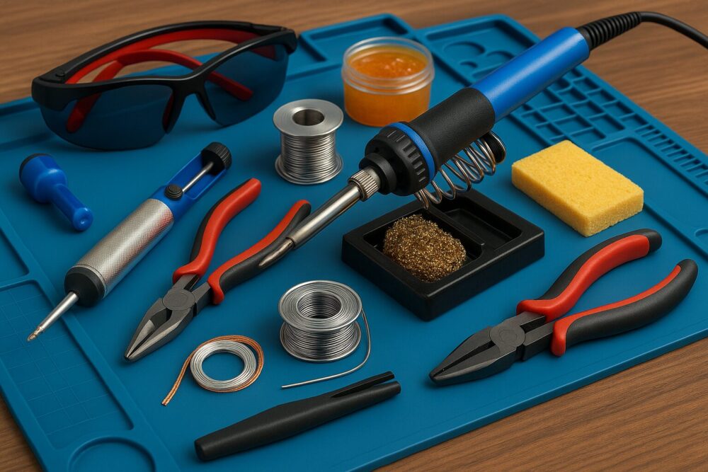 3D rendered workbench with a blue rubber soldering mat showing graph lines and screw compartments, laid out with essential soldering tools including a soldering iron in its stand, solder wire, flux, wire cutters, helping hands with clips, desoldering pump, heat shrink tubing, tip cleaner, and safety glasses.