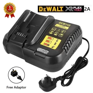 DeWalt DCB112 compatable with 12V 18V 20V and 60V MAX lithium-ion battery charger with UK plug on white background