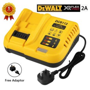DeWalt DCB112 compatable with 12V 18V 20V and 60V MAX lithium-ion battery charger with free EU to UK plug adaptor on white background