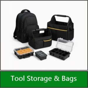 Category navigation tile for: Tool storage & bags: backpack, open-top totes and small-parts organiser cases on white background