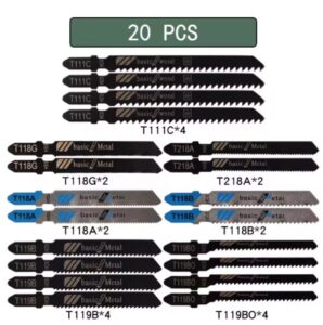 20-pack T-shank jigsaw blades (HCS) laid out — assorted T119B, T111C, T218A, T118A, T118B for cutting wood, plastic and metal