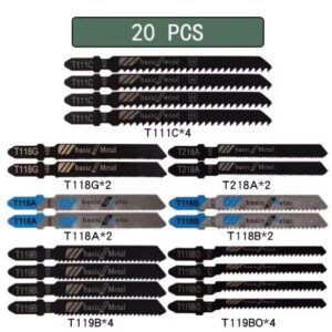 20-pack T-shank jigsaw blades (HCS) laid out — assorted T119B, T111C, T218A, T118A, T118B for cutting wood, plastic and metal