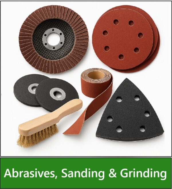 Category navigation tile: for Power Tool Abrasives, Sanding & Grinding Accessories category showing circular Flap sanding discs, grinding discs and sandpaper for wood stone and metal on a white background