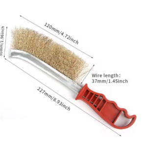 Heavy-duty wire hand brush with red plastic handle and stainless steel bristles, approximately 260 mm long, ideal for rust and paint removal on metal surfaces