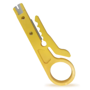 Compact adjustable plastic wire stripper for UTP, STP, RG59, RG6, RG7, and RG11 cables – lightweight tool with rotating compass, spring-assisted handle, and precision stripping blade.
