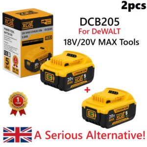 2-pack Xcat DCB205 5.0Ah 20V MAX lithium-ion replacement batteries for DeWALT 18V/20V tools with retail box and UK warranty badge