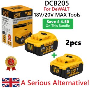 2-pack Xcat DCB205 5.0Ah 20V MAX lithium-ion replacement batteries for DeWALT 18V/20V tools with retail box and UK warranty badge