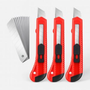 Three red retractable utility knives with black grips and a set of spare blades displayed on a white background.”