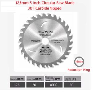125mm x 20mm Cordless Circular Saw Blade TCT Carbide tipped Nano Blue Coated for Wood Cutting 30T- showing product dimensions