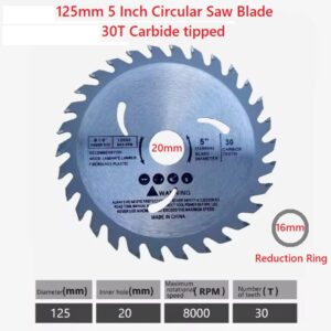 125mm x 20mm Cordless Circular Saw Blade TCT Carbide tipped Nano Blue Coated for Wood Cutting 30T- showing product dimensions