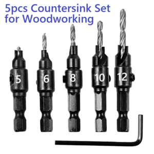 5pc hex shank HSS countersink drill bit set for woodworking including Alan Key tool.