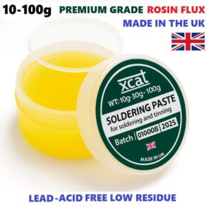 Xcat soldering paste in clear plastic tub with lid open, showing yellow flux and label for soldering and tinning - 10g to 100g options