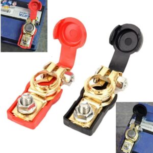 A set of battery terminals, positive and neative with smaller images showing the terminals on connected to the 12V battery.