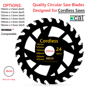 110mm - 165mm x 20mm Cordless Circular Saw Blades TCT Carbide tipped for Wood Cutting 24T- showing product dimensions