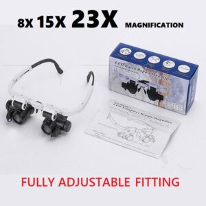 LED folding magnifier with dual acrylic lens, black and white ABS body, shown with packaging box and user manual — includes two adjustable brightness LED lights, ideal for reading, jewellery inspection, and electronic repair.