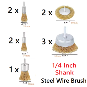 10-pack wire brush wheel cup brush set with 1/4-inch shank and dimensions shown