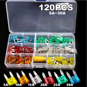 120-piece automotive mini blade fuse assortment kit with pointed terminals in a clear storage case, colour-coded fuses and fuse puller included