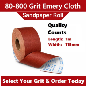 80–800 grit emery cloth sandpaper roll with unrolled strip on white background