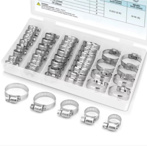 40-piece assorted stainless steel hose clamp kit with jubilee clips in a plastic storage box
