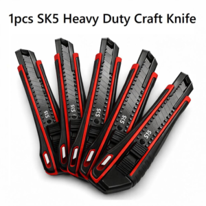 SK5 retractable utility knives arranged in a fan, heavy duty snap-off box cutters with red and black handles