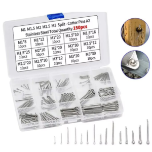 Stainless steel split cotter pins assortment kit with 150 pieces in a plastic storage box, mixed sizes M1 to M3
