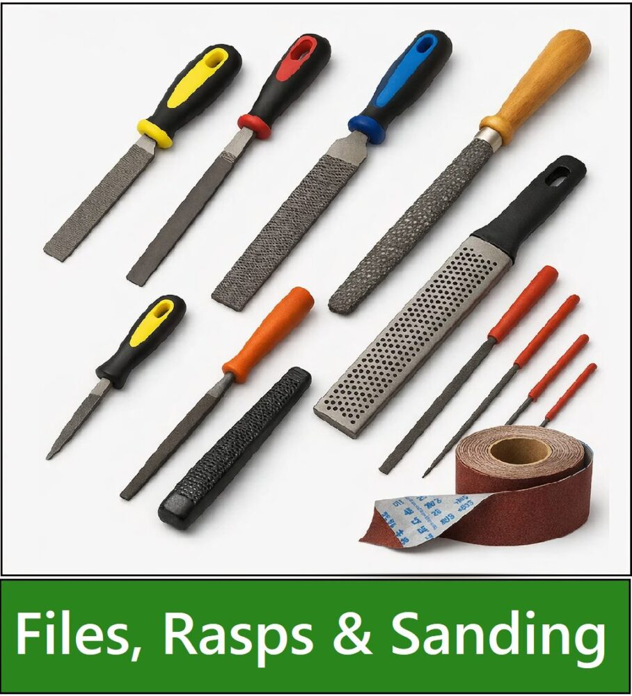 Category navigation tile: Collage of files and rasps displayed on a white background,