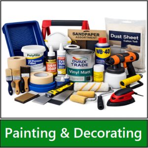 Category navigation tile: Painting and decorating supplies including brushes, rollers, paint and accessories