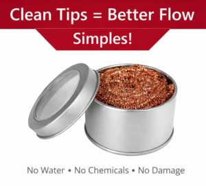 Copper soldering tip cleaner in metal tin for maintaining clean soldering iron tips