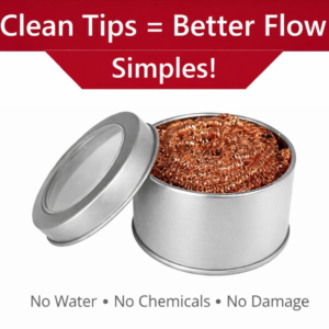 Copper soldering tip cleaner in metal tin for maintaining clean soldering iron tips