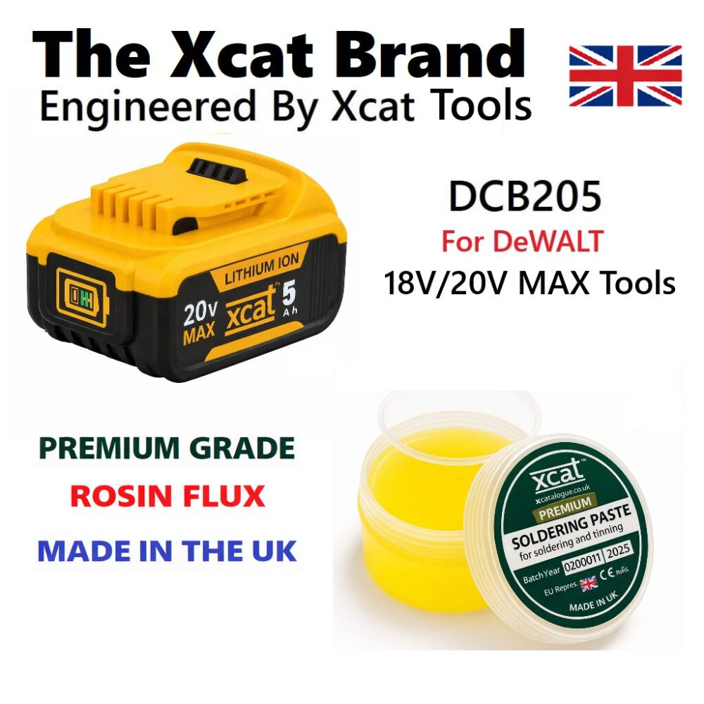 Xcat brand products including a DCB205-compatible 18V/20V battery and UK-made rosin soldering flux
