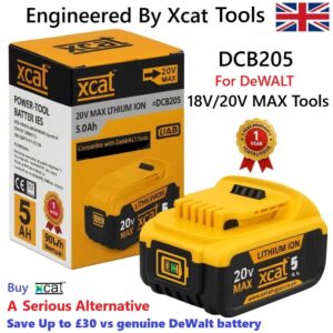 Xcat DCB205 20V MAX 5Ah lithium-ion replacement battery compatible with DeWalt tools, shown with retail packaging.