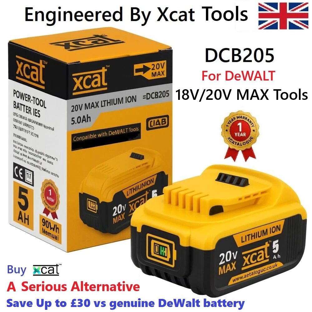 Xcat DCB205 20V MAX 5Ah lithium-ion replacement battery compatible with DeWalt tools, shown with retail packaging.