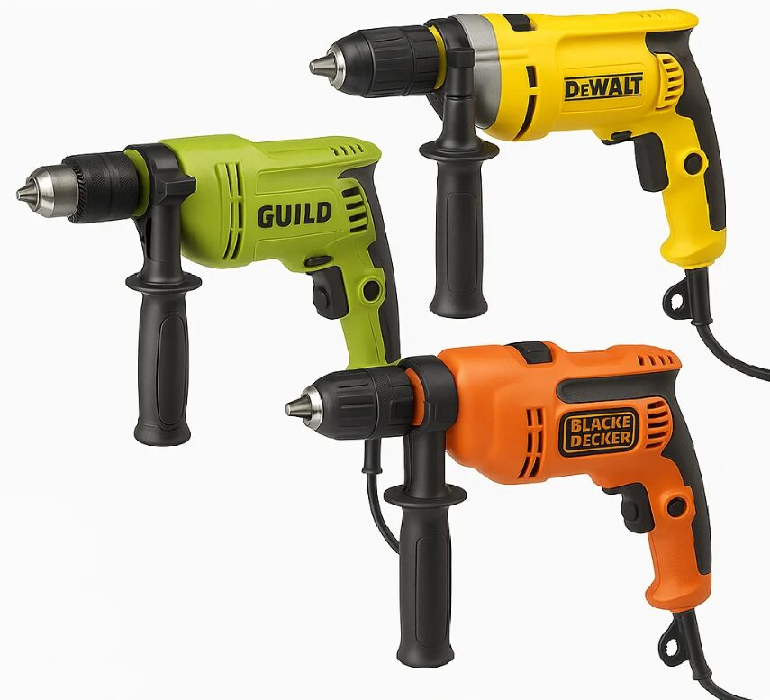 Corded hammer drills from Guild, DeWALT and Black+Decker shown side by side with auxiliary handles Products navigation tile