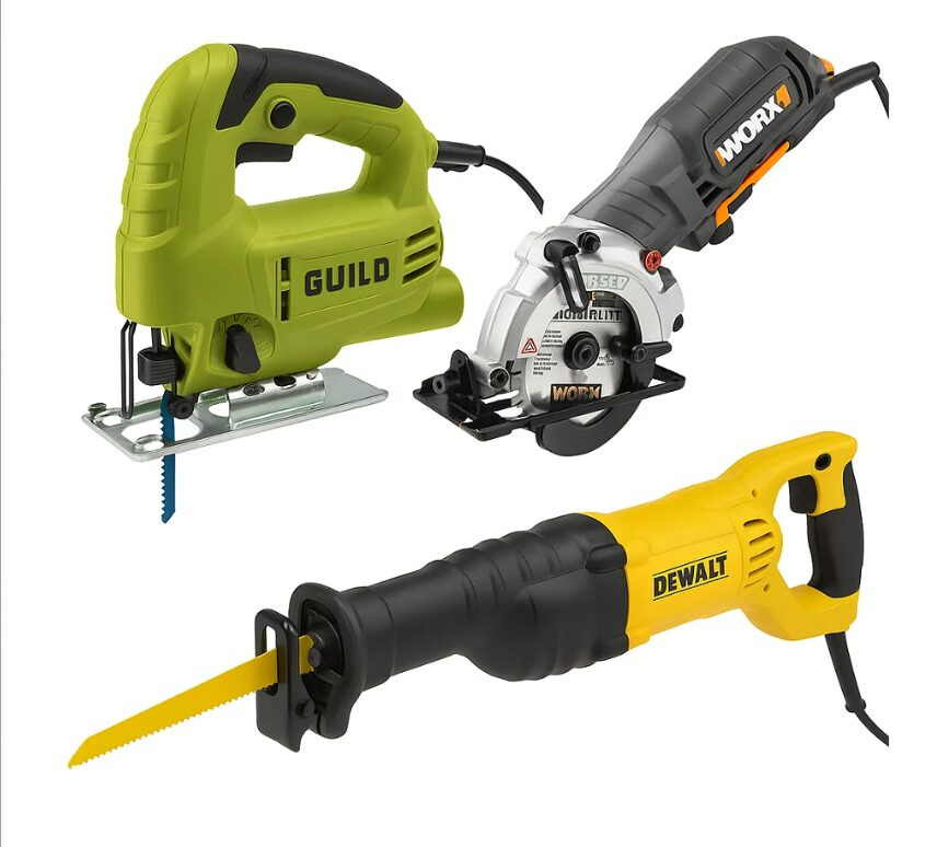 Corded power saws including a Guild jigsaw Worx compact circular saw and DeWALT reciprocating saw navigation tile