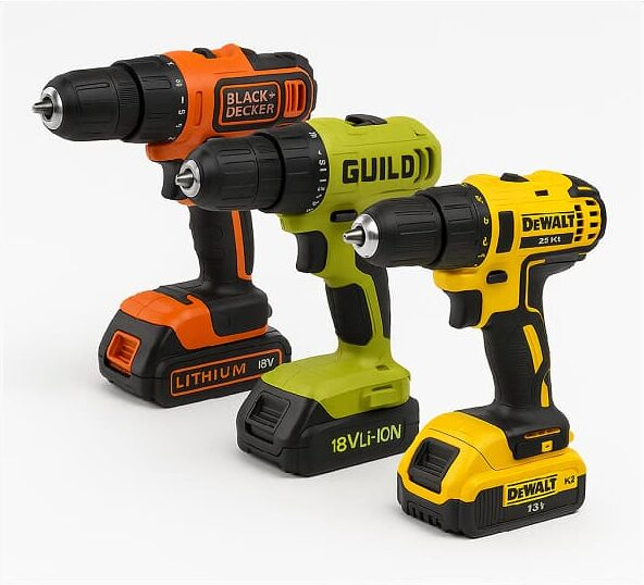 Selection of 18V cordless drills including Black+Decker, Guild and DeWalt models category navigation tile.