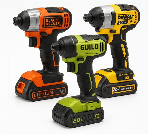 Selection of cordless impact drivers including Black+Decker, Guild and DeWalt models category navigation tile.