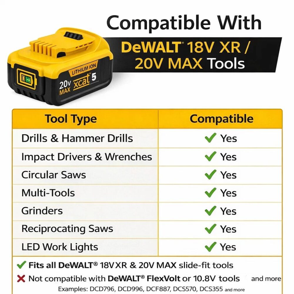 Xcat 5.0Ah lithium-ion battery compatibility chart showing compatibility with DeWALT 18V XR and 20V MAX tools including drills, impact drivers, circular saws, multi-tools, grinders, reciprocating saws and work lights.